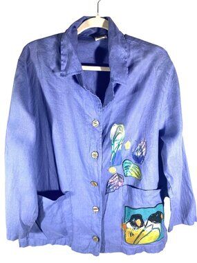 Hand-Painted Linen Button-Up tunic Shirt Bird & Leaf Medium art to wear